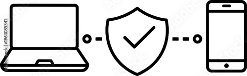 Secure Data Transfer Between Laptop and Smartphone Minimalist Icon - Cybersecurity and Device Protection Line Art Illustration