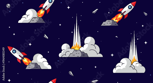 rocket launch and space exploration concept illustrating startup business innovation and future progress in a starry outer space.