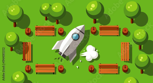 top-down view of a white rocket launching in a green park with flat design trees and benches illustrating adventure or game development.