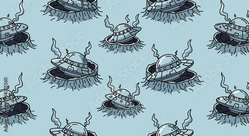 ufo crash flying saucer pattern showing cartoon alien invasion spaceships smoking in craters a playful sci-fi illustration.