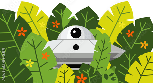 ufo spaceship cartoon alien peeking from vibrant jungle foliage a whimsical scene perfect for playful discovery and adventure stories.