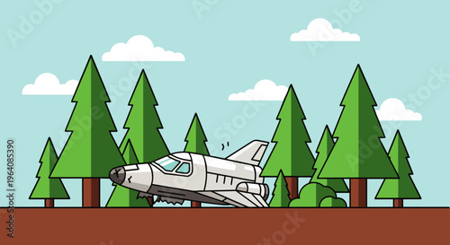ufo toy crash a spaceship rocket unexpectedly landed in a green forest landscape cartoon flat design illustration