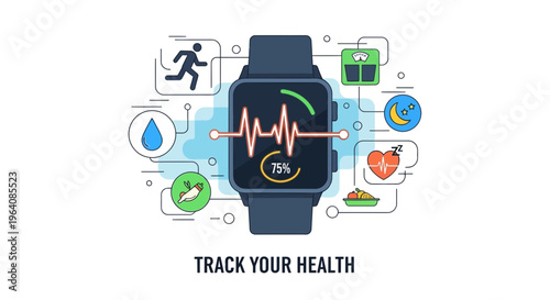 Smartwatch, fitness tracker, health monitoring icons, wearable technology