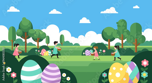 easter egg hunt with children collecting colorful eggs in baskets on a sunny spring day in a lush green park