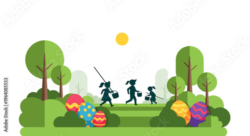 easter egg hunt with children in a spring park searching for colorful eggs celebrating the holiday outdoors