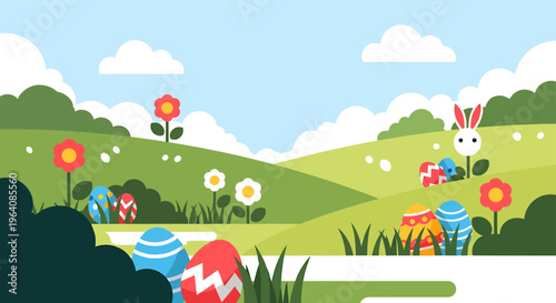 modern flat design easter egg hunt landscape featuring a cute bunny and colorful eggs on green hills under a bright spring sky for holiday content.