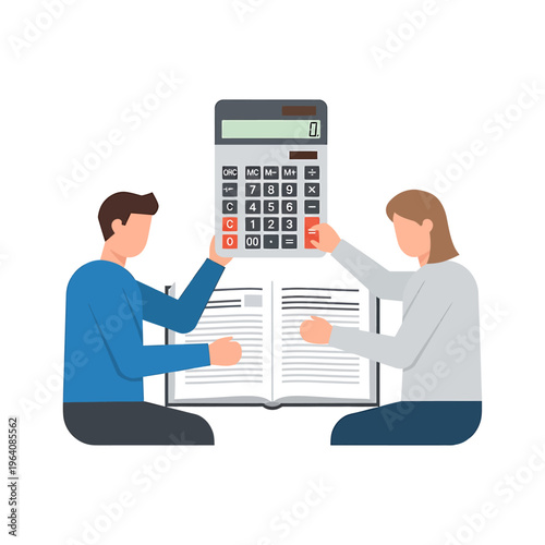 two people collaborating on financial calculation and business accounting studying with an open book and using a calculator.
