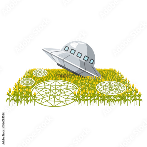 ufo flying saucer landed in a green cornfield creating mysterious crop circles an alien contact cartoon illustration