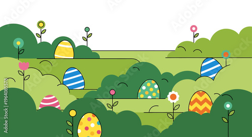 easter eggs and easter egg hunt in a charming flat design spring landscape perfect for holiday celebration and childrens content.