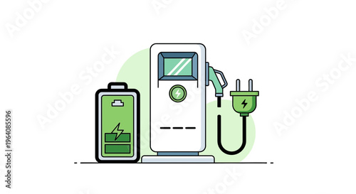 Electric vehicle charging station, green battery, and power plug, eco-friendly transportation
