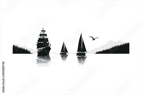 Vintage Sailboat Silhouettes with Seagull