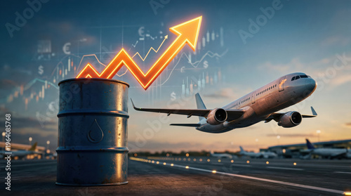 Jet takeoff with fuel barrel and rising arrow on graph at sunset airport runway