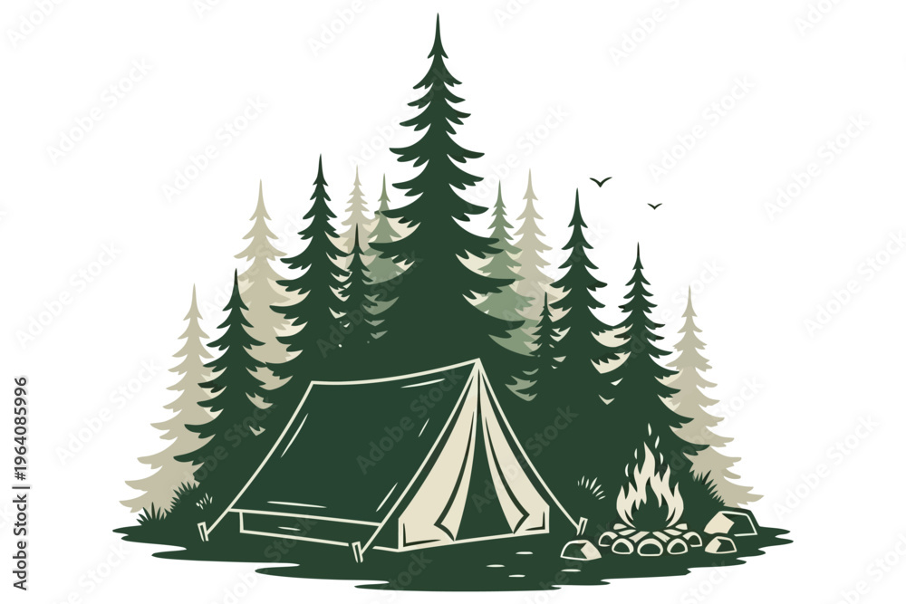 Obraz premium Camping Forest Illustration – Minimalist Tent and Pine Trees Nature Design
