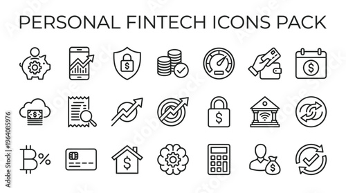 A comprehensive collection of outline icons representing personal finance technology concepts and money management tools