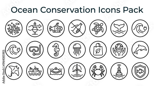 Essential outline icon set detailing various aspects of vital ocean conservation and marine life protection efforts