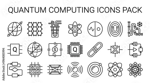 A diverse collection of modern line art icons representing quantum computing concepts, technology, and scientific research.
