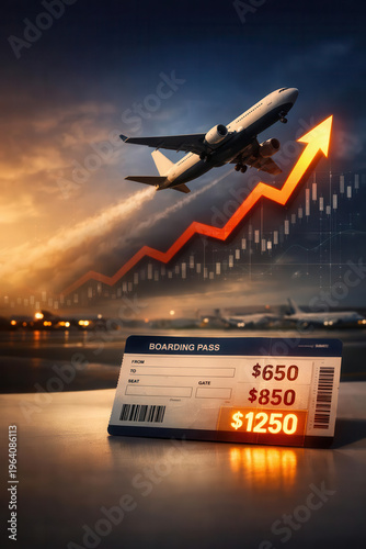 Soaring airline costs: airplane flight and rising graph illustrate price increase