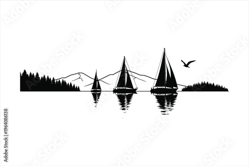 Vintage Sailboat Silhouettes with Seagull