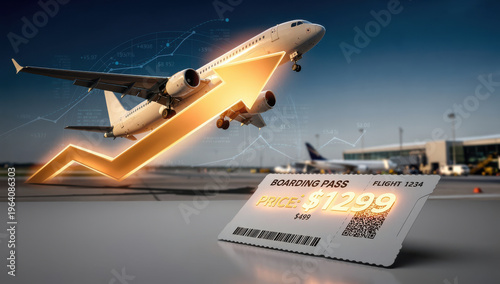 Airline travel cost rise with flight price ticket and airplane takeoff concept