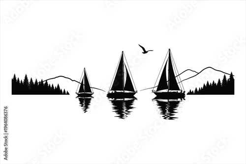 Vintage Sailboat Silhouettes with Seagull