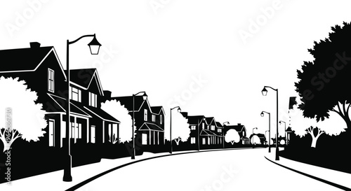 Vector illustration of suburban street with houses and trees silhouette