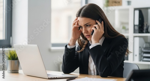 Stressed businesswoman on the phone in front of a laptop at her desk