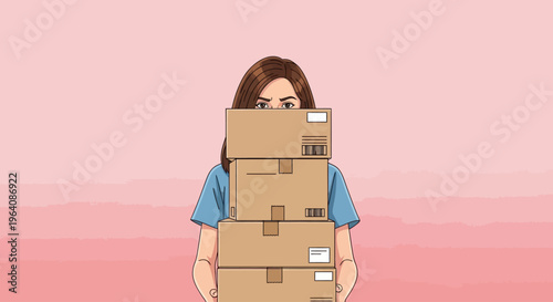 Young woman holding a stack of cardboard boxes in front of a pink background, conveying a sense of shipping or moving