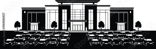 Modern shopping mall building with parking lot full of cars, commercial architecture exterior, retail center illustration isolated on white background