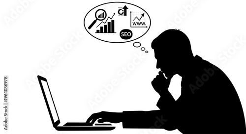 Silhouette of a person working on a laptop with SEO and business growth graphics in their thought bubble, representing digital marketing strategy and online success