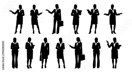 Silhouette collection of businesswomen in various poses, conveying professionalism and a strong presence in the corporate world