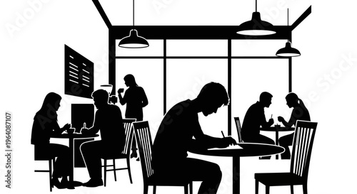 People working and studying in a modern, minimalist coffee shop, enjoying a relaxed atmosphere