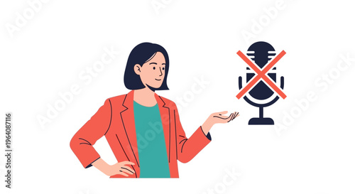 Woman gesturing to a microphone with a red cross over it, symbolizing muted or disabled audio