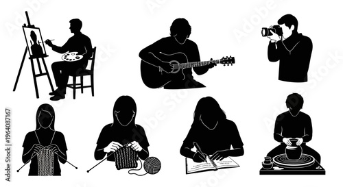 Diverse human silhouettes engaged in a wide array of creative hobbies and recreational pastimes, symbolizing the richness of personal expression and skill development