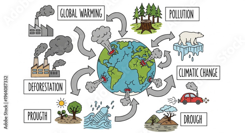 Illustration of Global Warming and Environmental Issues Impacting the Earth.