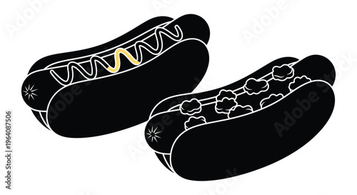 Two hot dogs one with mustard and one with relish are depicted in a striking black silhouette high quality professional detailed