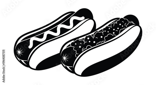 Two hot dogs with different toppings are depicted in a striking black and white illustration silhouette high quality professional detailed modern