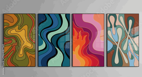 A vibrant collection of four abstract artworks, each featuring a unique fluid wave pattern in warm and cool color palettes