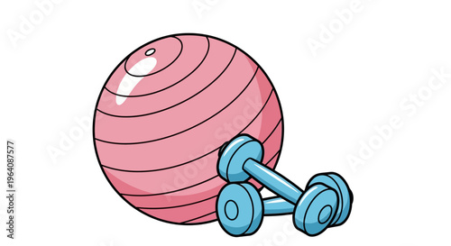 Vibrant pink exercise ball and blue dumbbells vector illustration, perfect for fitness, workout, and healthy lifestyle designs. Essential gym equipment for physical activity and home training