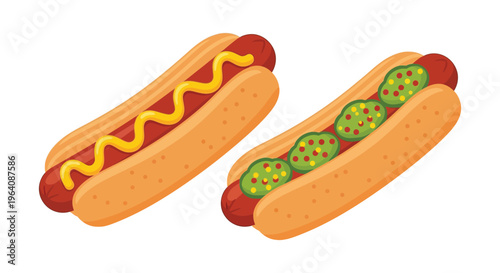 Two cartoon hot dogs are displayed one with mustard and the other with jalape os presented as a silhouette high quality professional