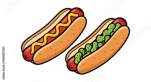 Two cartoon hot dogs with different toppings are playfully displayed against a white background creating a vibrant silhouette high quality professional