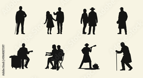 Versatile collection of human silhouettes depicting diverse age groups, social interactions, and daily life activities, ideal for graphic design and conceptual visualizations