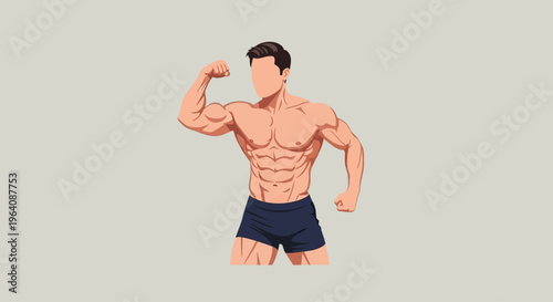 Muscular Man Showing Biceps and Abs, Concept of Fitness and Bodybuilding