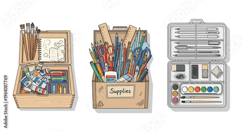 Diverse assortment of creative tools and educational stationery items, showcasing painting supplies, drawing pencils, scissors, and various school essentials for artists and students