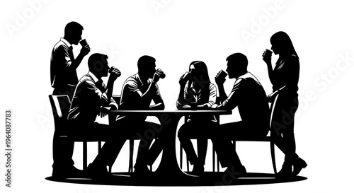 Silhouette illustration of a group of people at a table, enjoying drinks and conversation. Depicts social connection, teamwork, and casual meetings