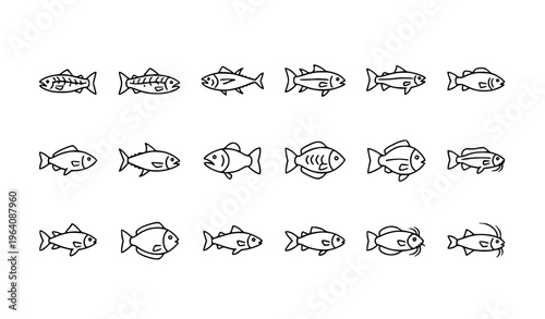 Fish Line Icon Set Editable Stroke Aquatic Vector Pack