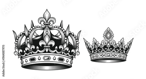 An ornate vintage illustration depicts two royal crowns detailed with flourishes and jewels in black and white silhouette high quality professional