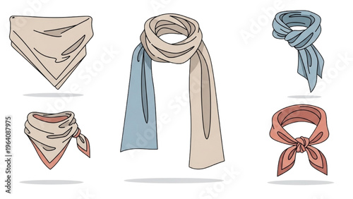 Vector illustrations of scarves in various styles and colors are shown
