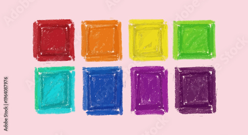 A Collection of Colorful Square Blocks Arranged in Two Rows on a Soft Pink Background, Evoking Childhood and Creativity