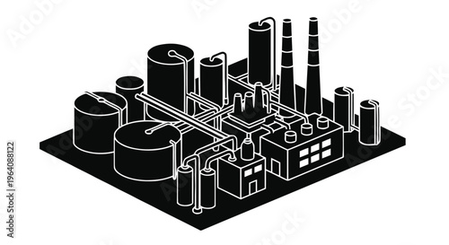 Vector illustration of isometric chemical plant icon or oil refinery factory building