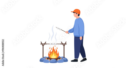 Young man in a cap enjoying a peaceful evening roasting marshmallows over a crackling campfire, embracing the warmth and outdoor adventure experience under the night sky